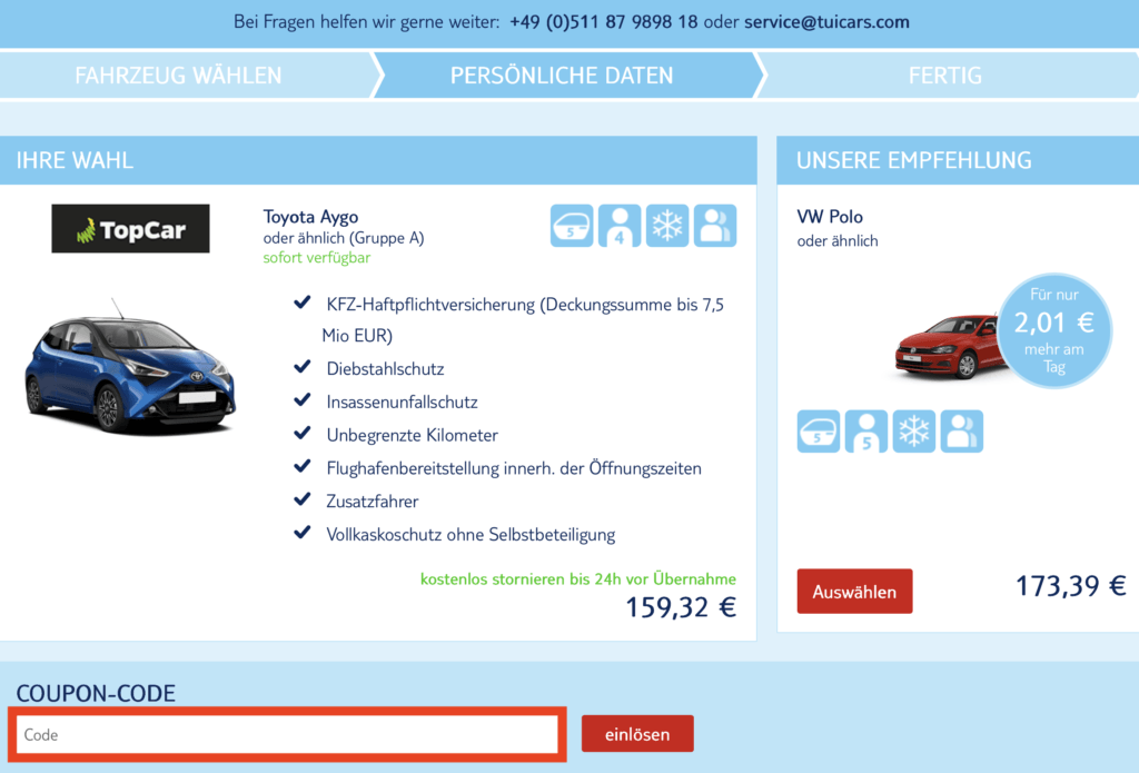 TUI Cars Coupon-Code einloesen
