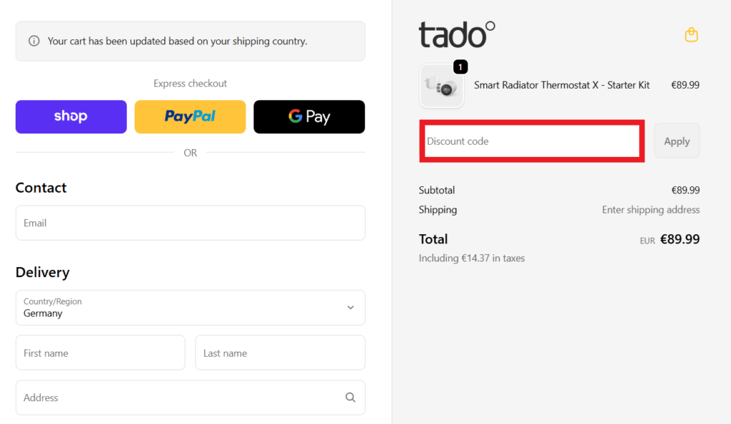 tado Discount Code eingeben