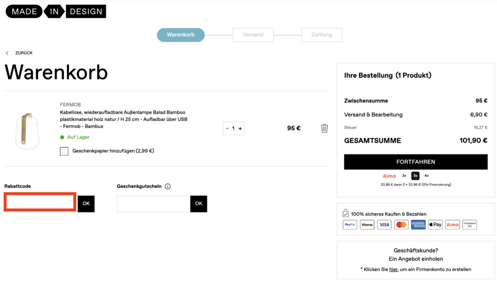 Made in Design Rabattcode einfuegen
