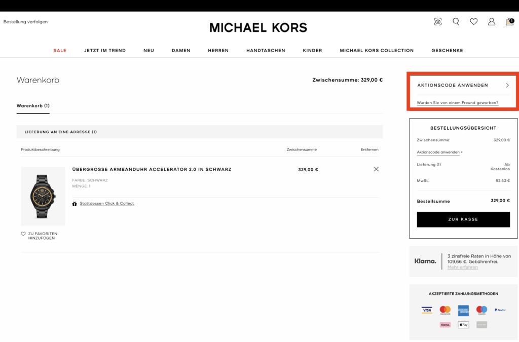Michael Kors Aktionscode anwenden