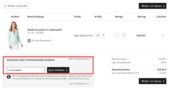 Bonita Promotioncode eingeben