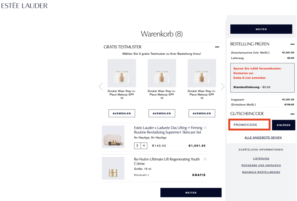 Estee Lauder Promocode einloesen
