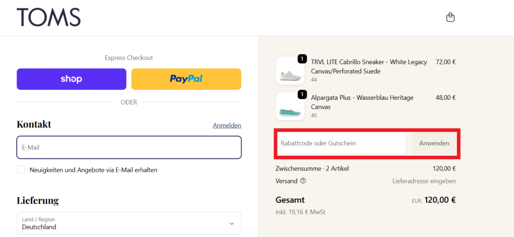 TOMS Rabattcode eingeben
