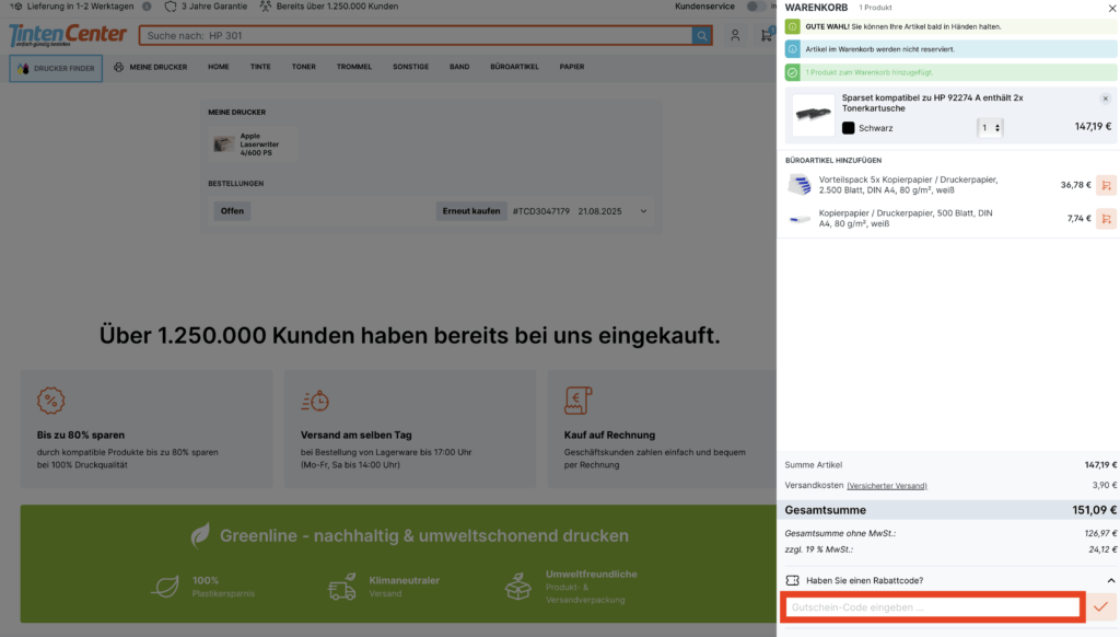 Tintencenter Gutschein-Code eingeben