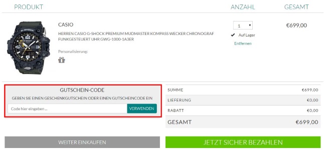 Watchshop-Gutscheincode eintragen