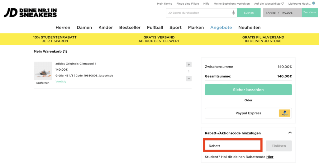 JD Sports Rabatt einlösen