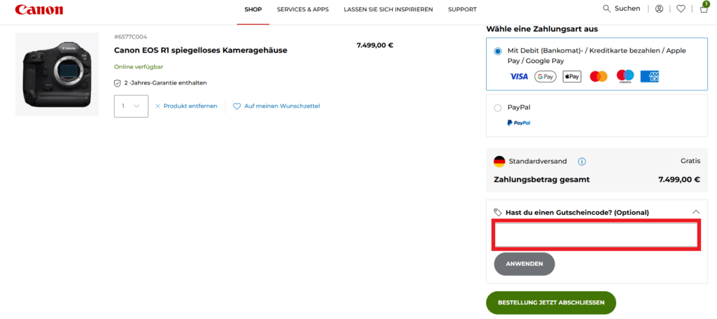 Canon Gutscheincode eingeben