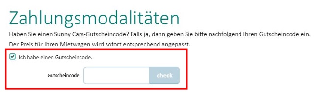 Sunnycars Gutscheincode eingeben