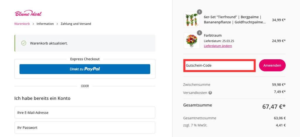 Blume Ideal Gutscheincode einlösen