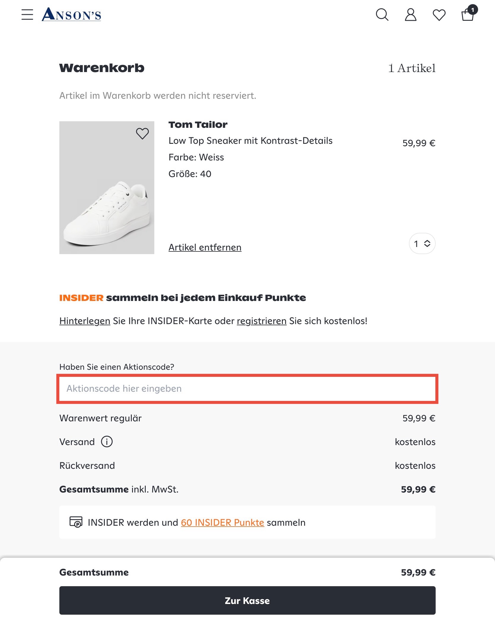 Ansons Aktionscode einlösen