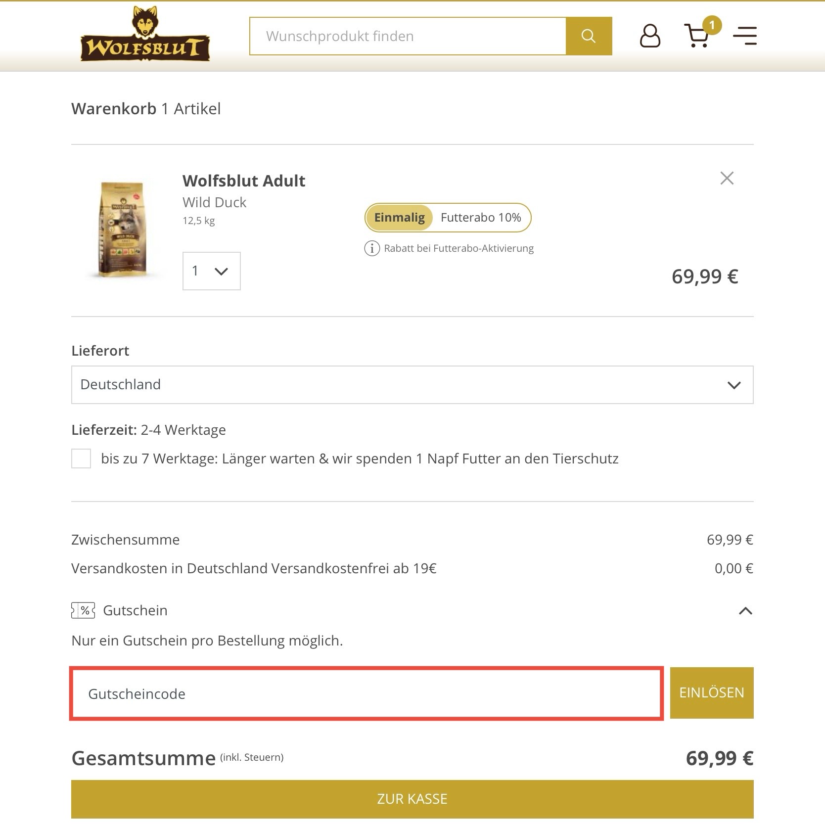 Wolfsblut Gutscheincode einlösen