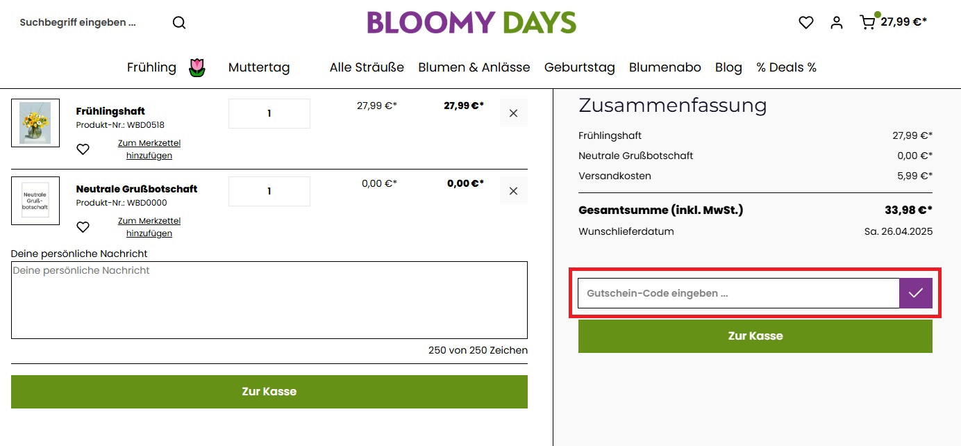 BLOOMY DAYS Gutschein-Code einlösen