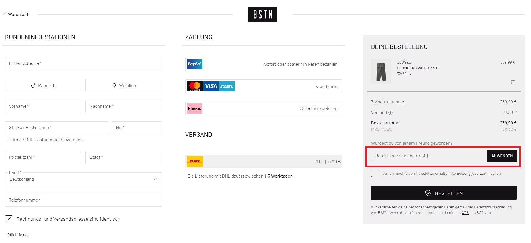 BSTN Rabattcode einlösen