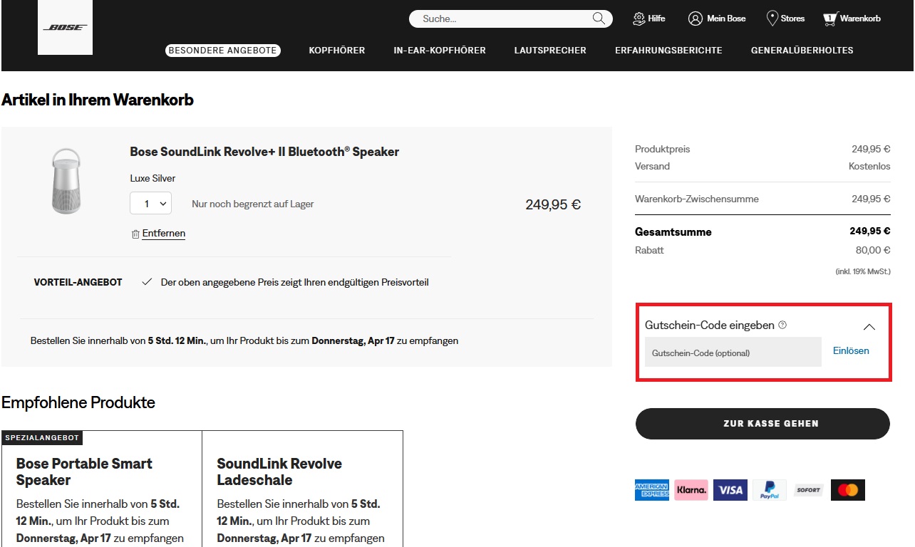 Bose Gutschein-Code einlösen