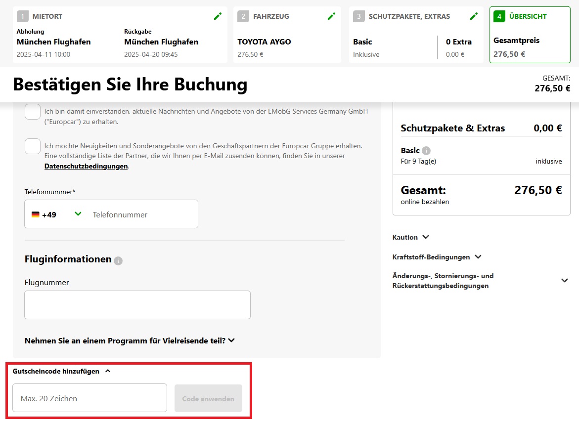 Europcar Gutscheincode einlösen