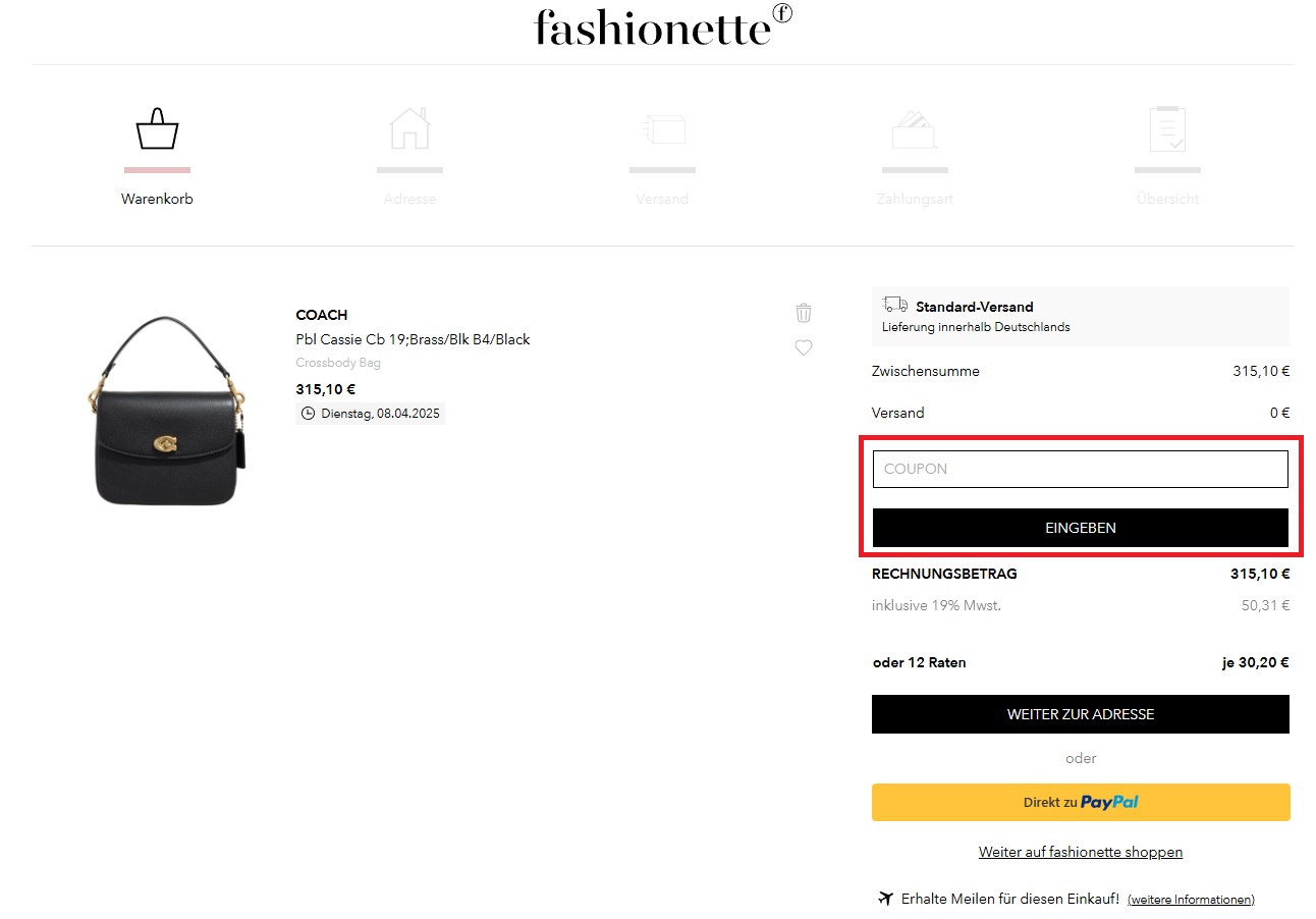 Fashionette Coupon einlösen