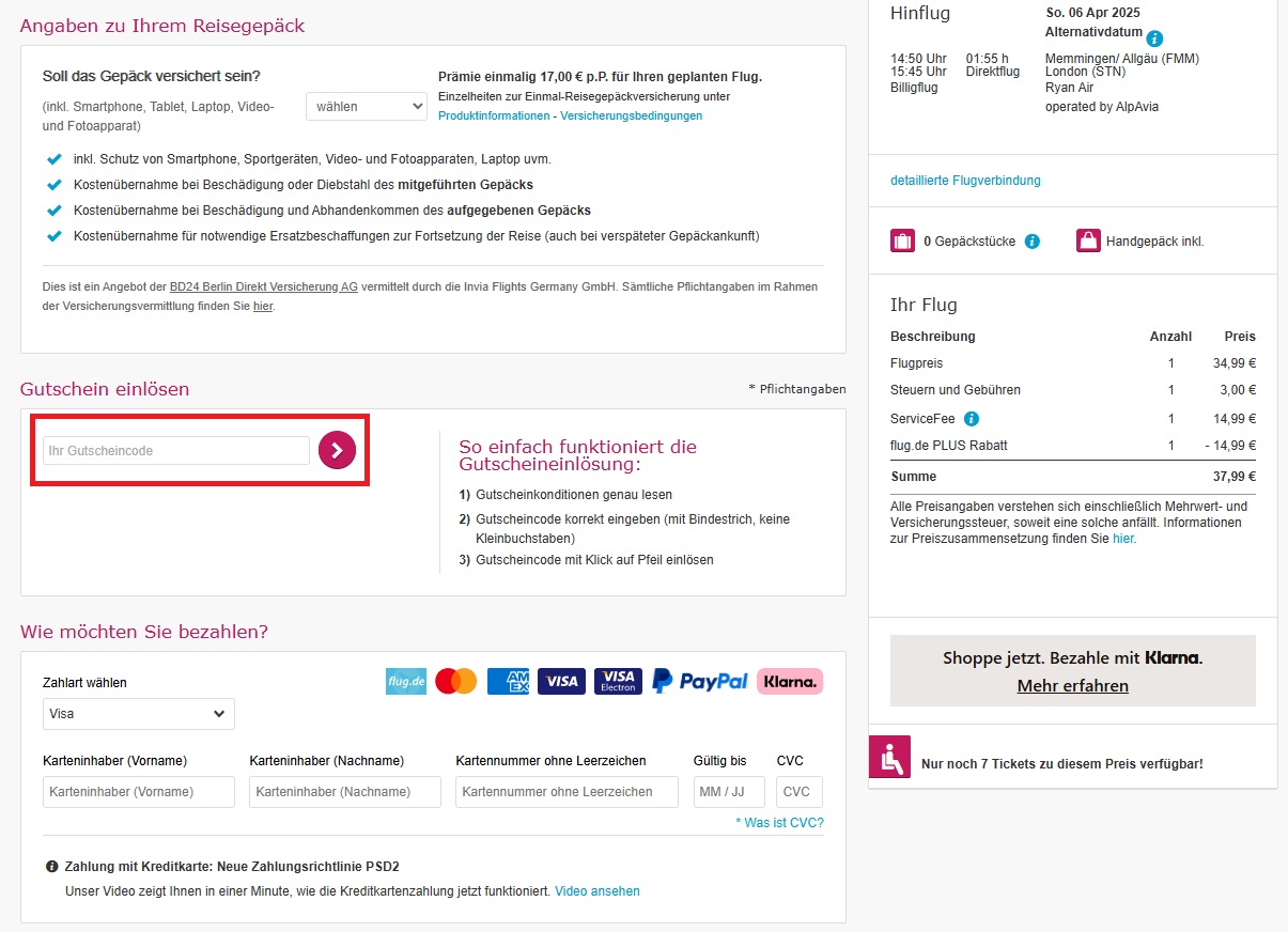Flug.de Gutscheincode einlösen