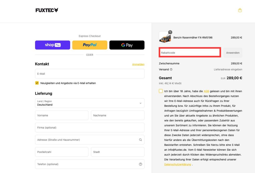 Fuxtec Rabattcode einlösen