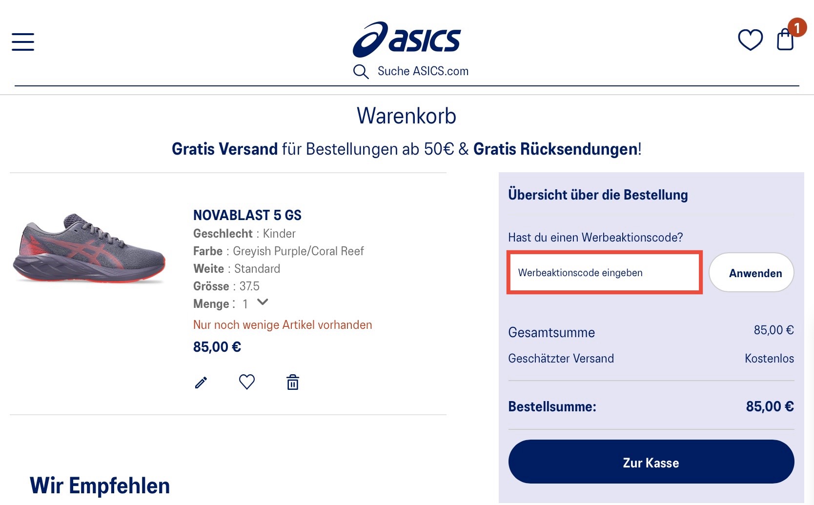 ASICS Werbeaktionscode einlösen