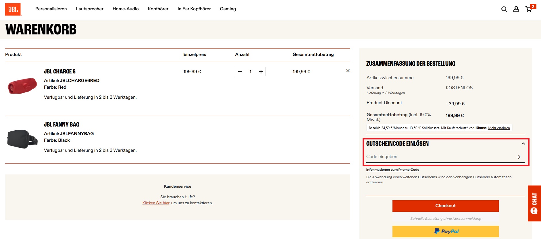 JBL Gutscheincode einlösen