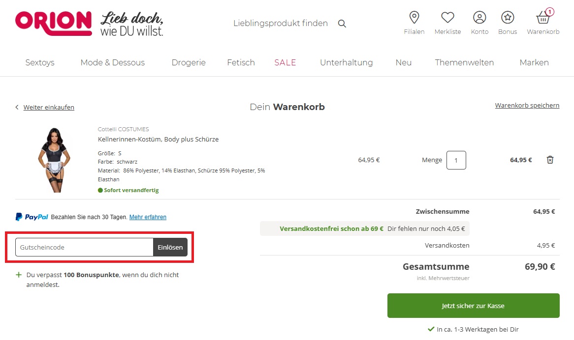 Orion Gutscheincode einlösen