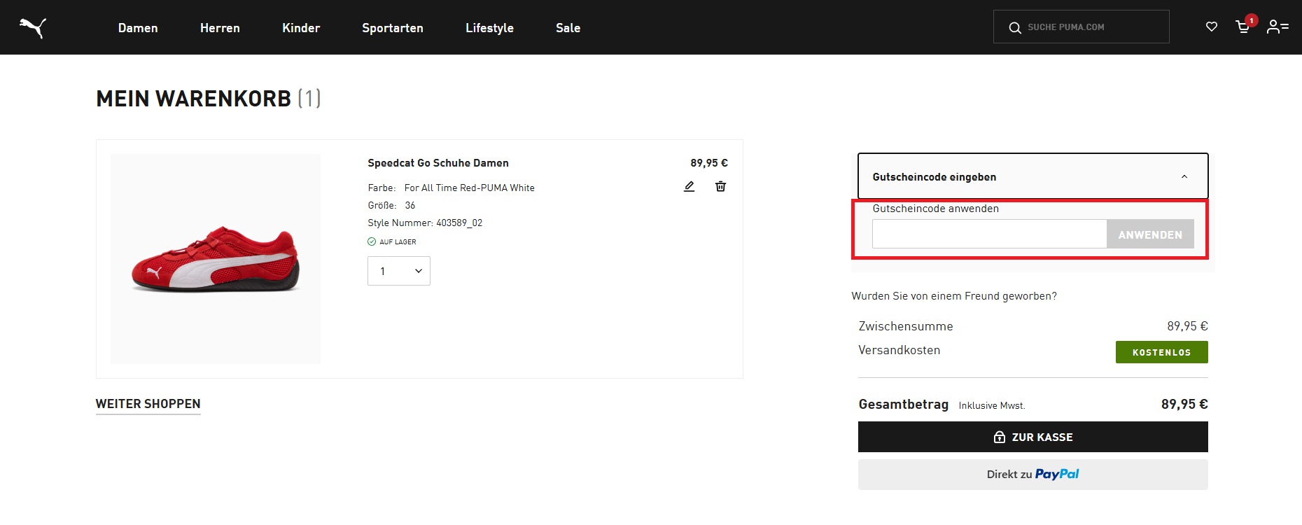 PUMA Gutscheincode einlösen