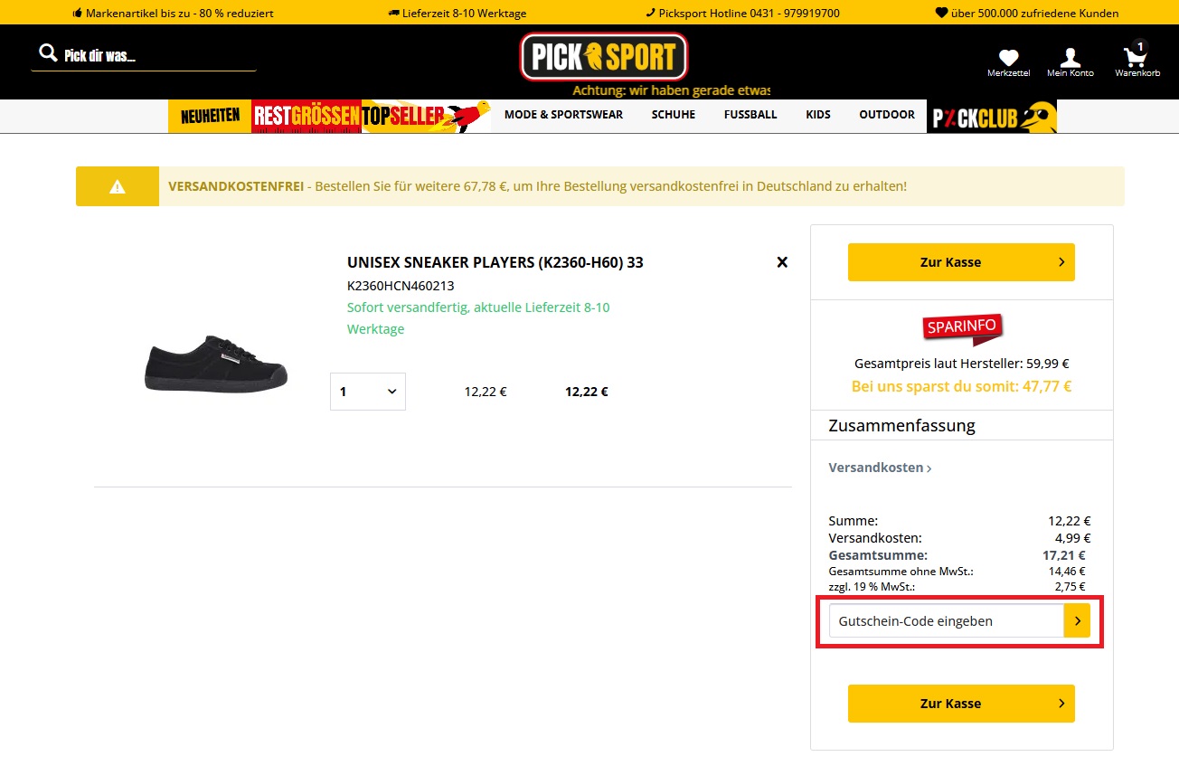 Picksport Gutschein-Code einlösen