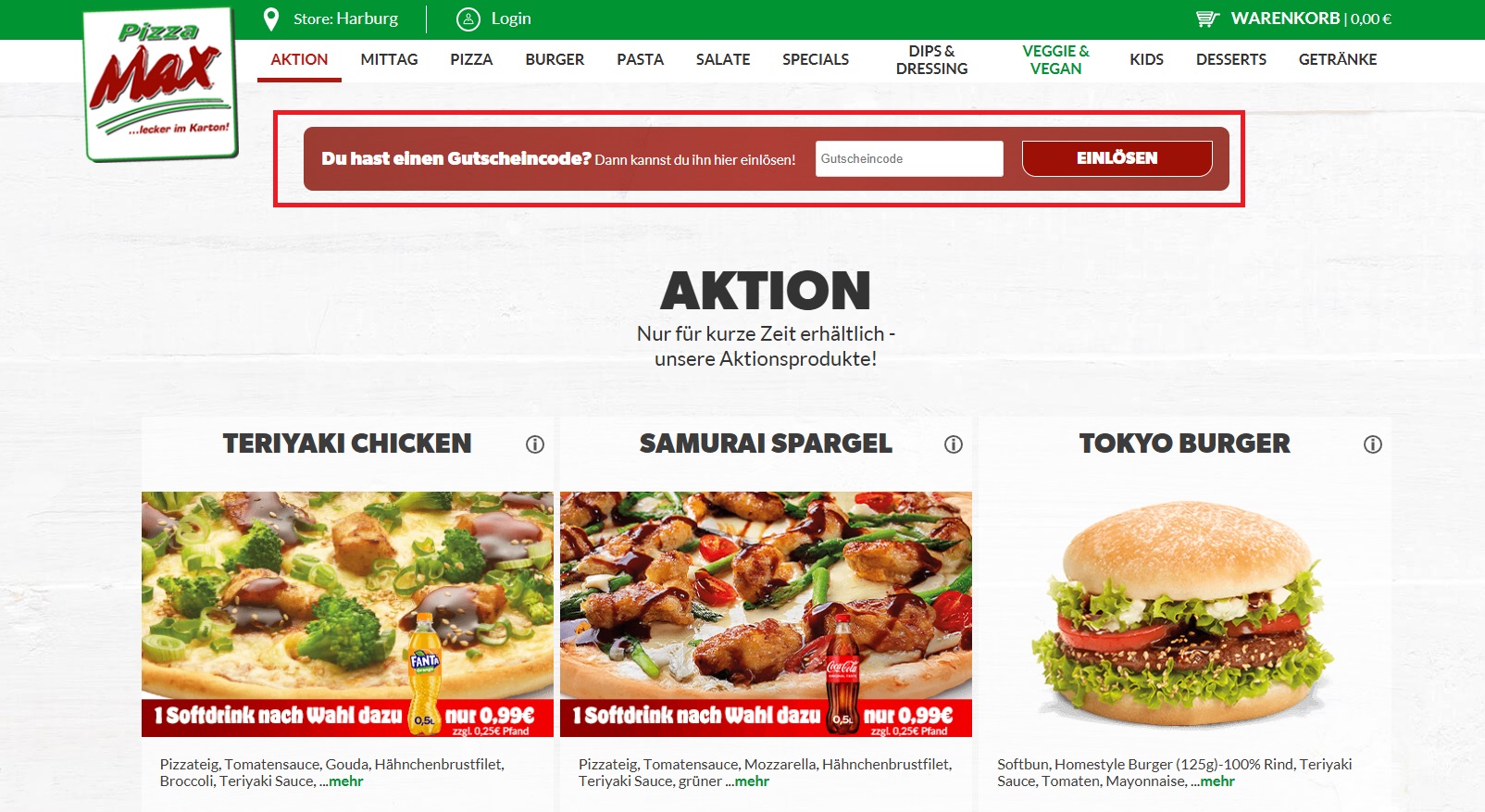 Pizza Max Gutscheincode einlösen