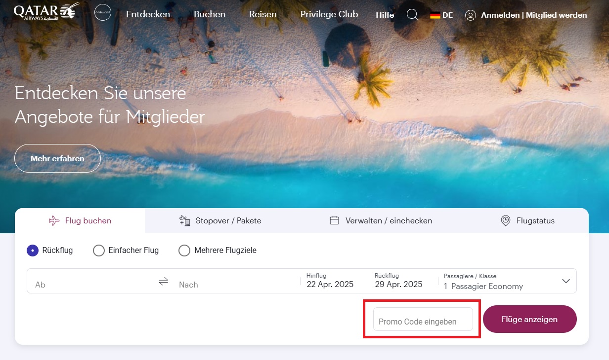 Qatar Airways Promo Code einlösen
