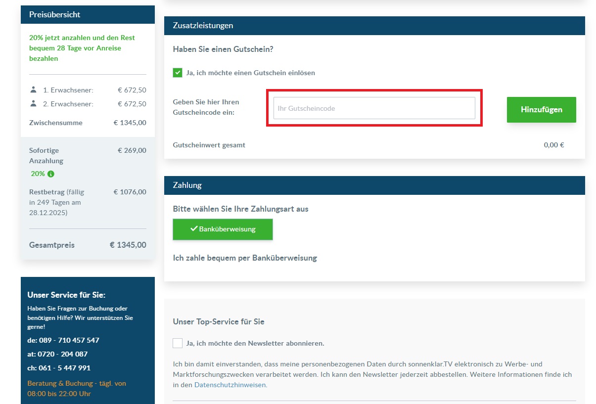Sonnenklar.tv Gutscheincode einlösen