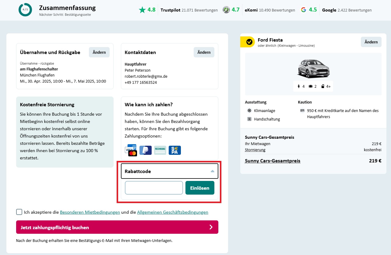 Sunnycars Rabattcode einlösen