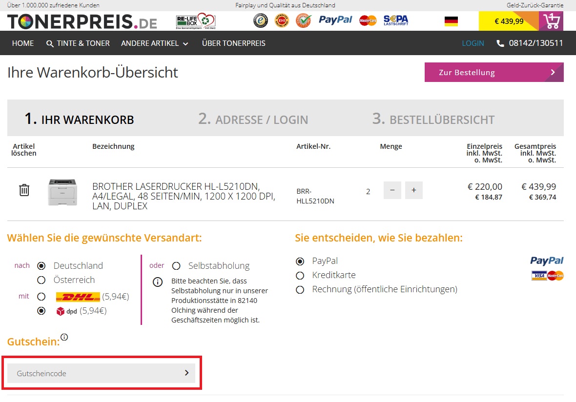 Tonerpreis Gutscheincode einlösen