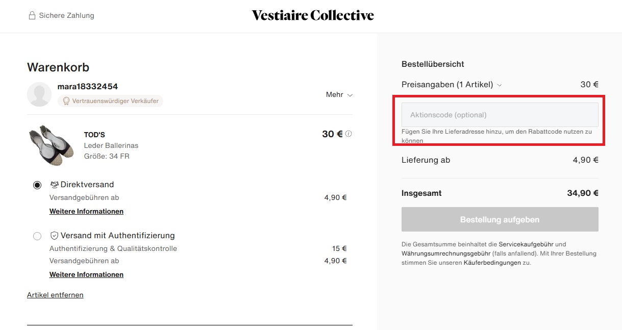 Vestiaire Collective Aktionscode einlösen