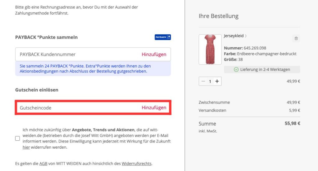Witt Weiden Gutscheincode einlösen