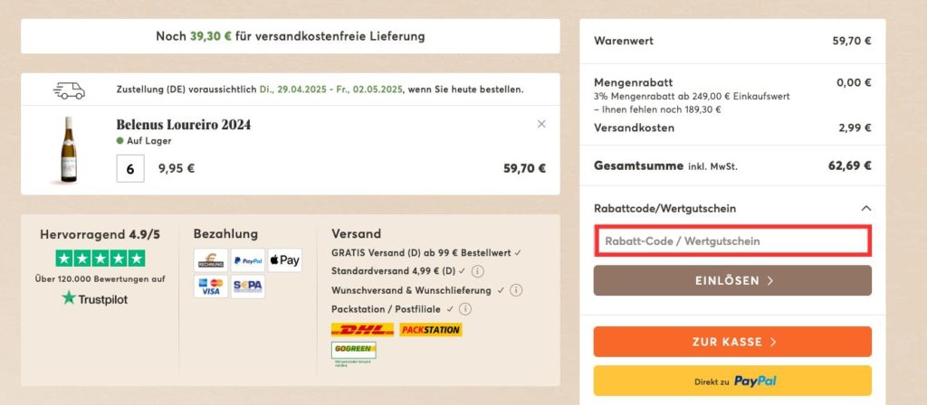 Vinos Rabattcode eingeben