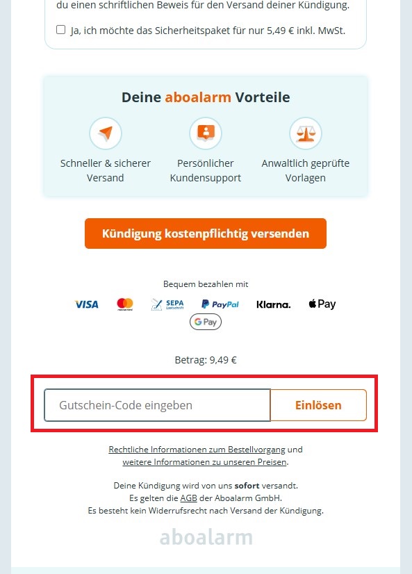 Aboalarm Gutschein-Code einloesen