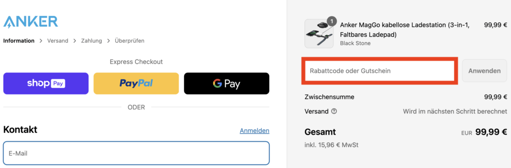 Anker Rabattcode anwenden