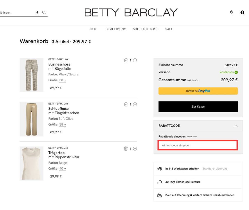 Betty Barclay Aktionscode einloesen