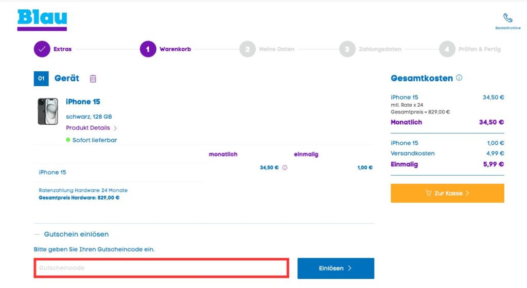 Blau Gutscheincode einloesen