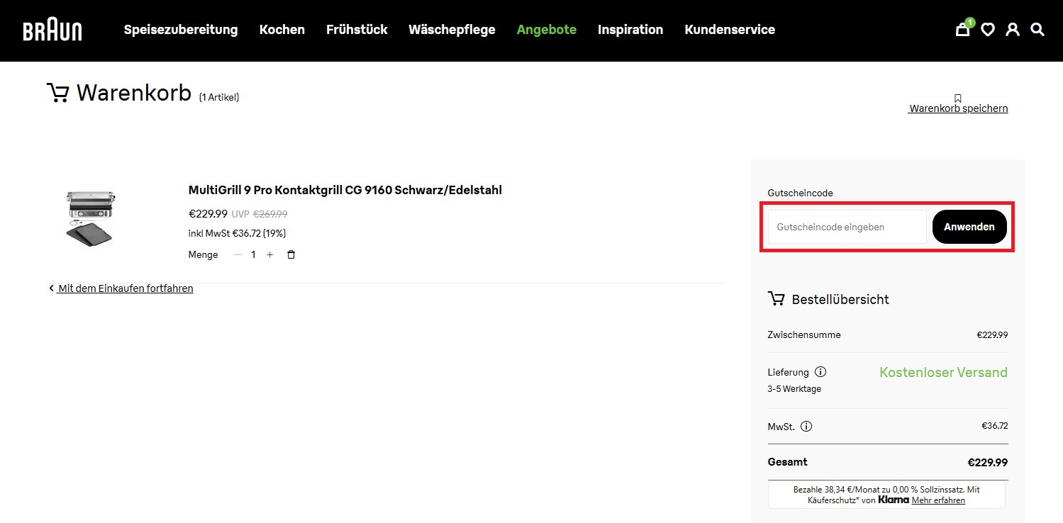 Braun Gutscheincode einloesen