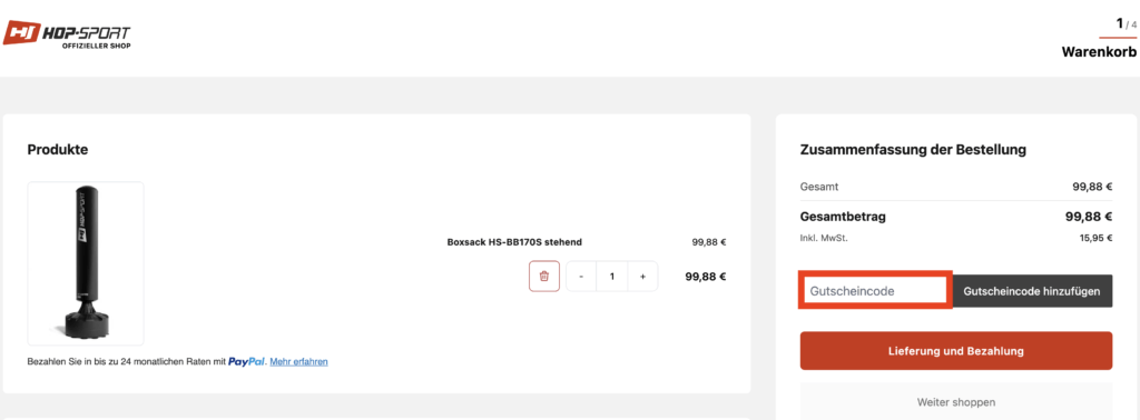 Hop Sport Gutscheincode hinzufuegen