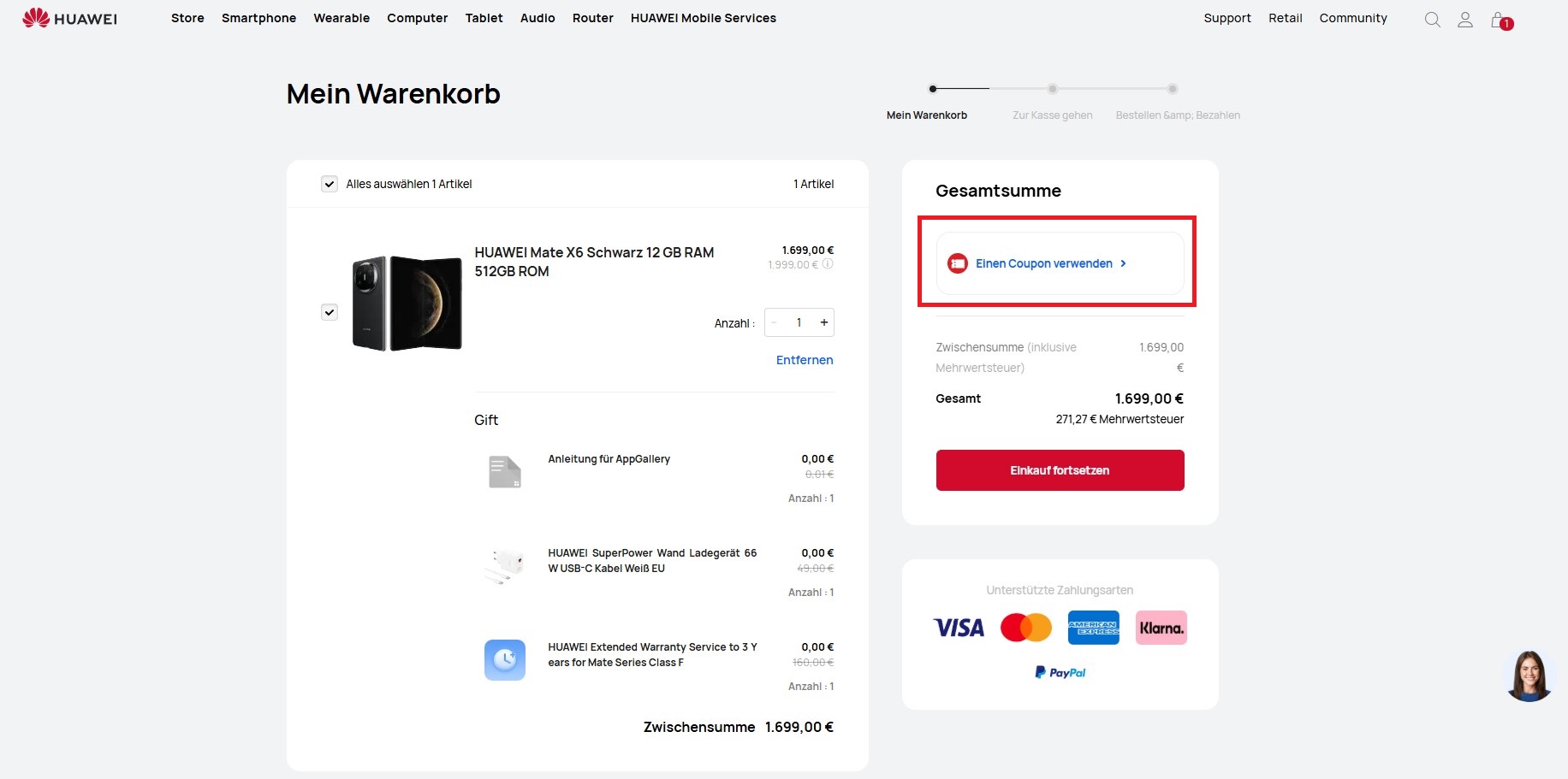 Huawei Coupon-Code einloesen
