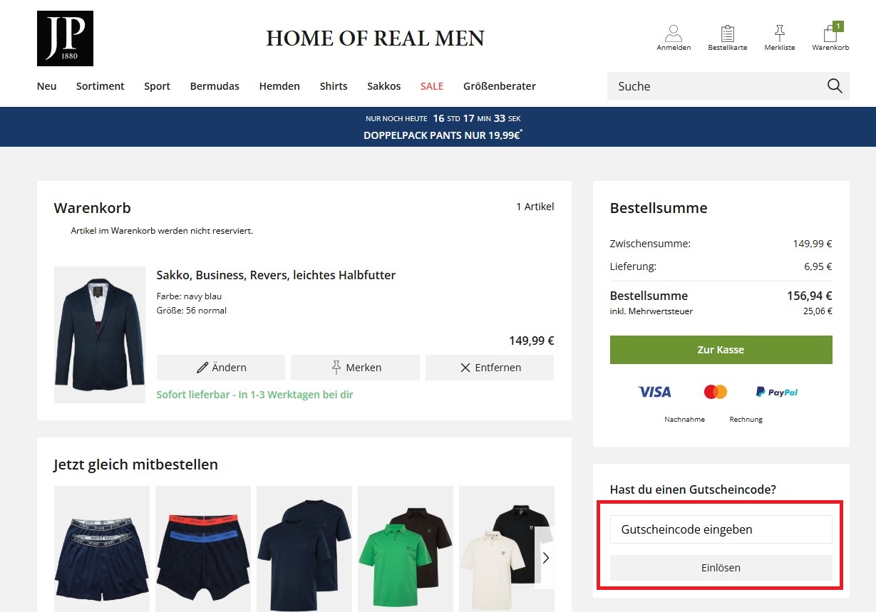 JP1880 Gutscheincode einloesen
