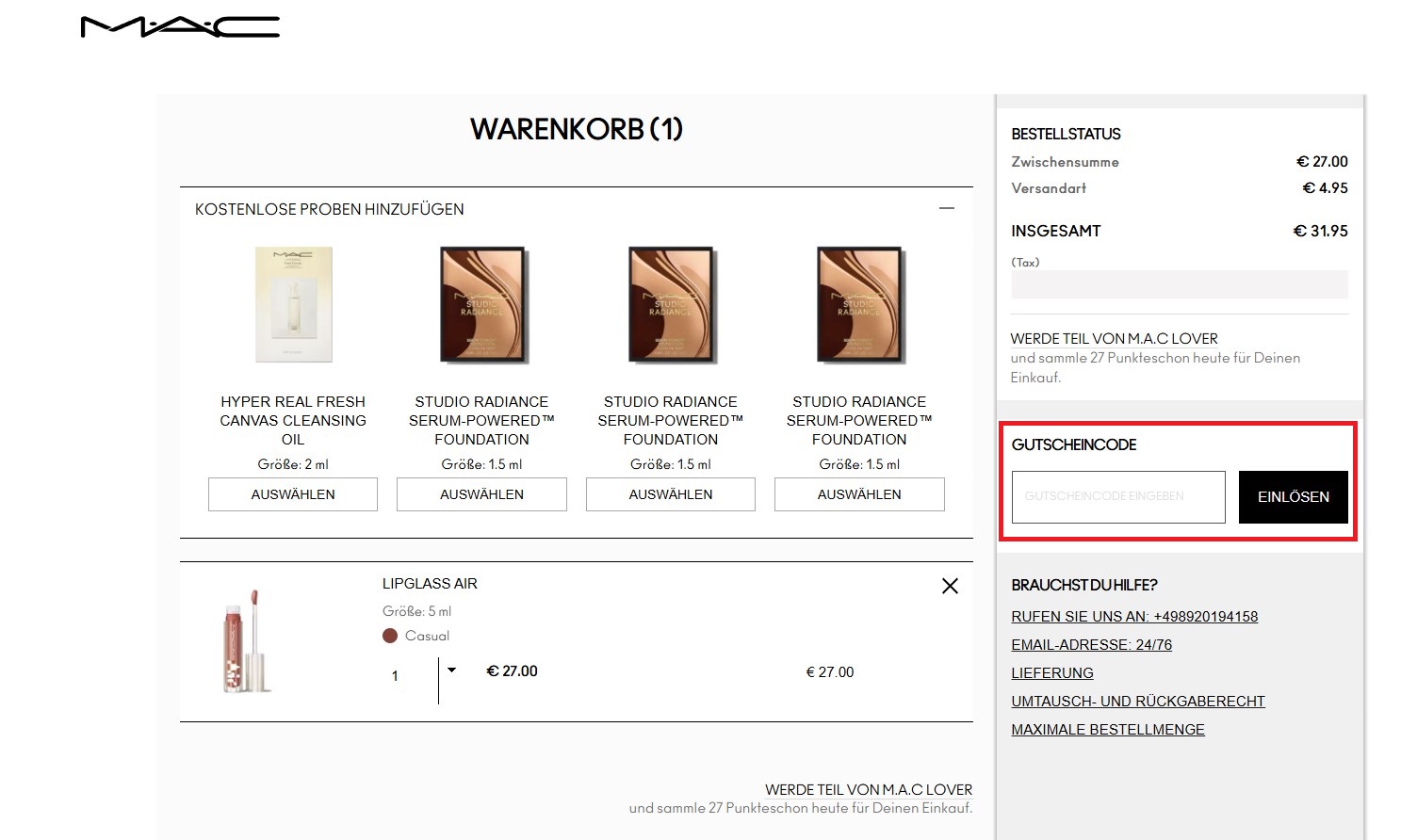 MAC Gutscheincode einloesen