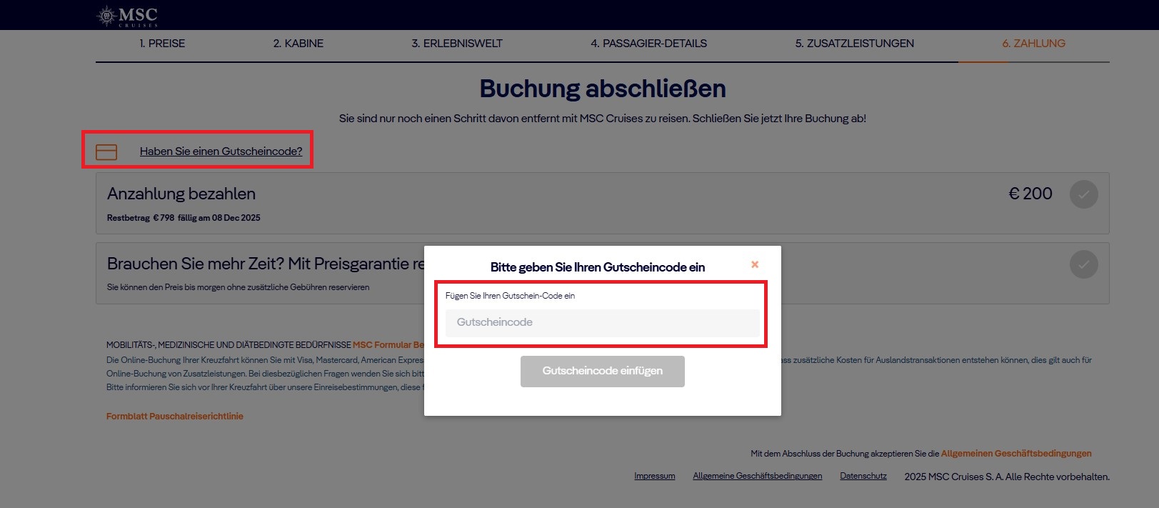 MSC Gutscheincode einloesen
