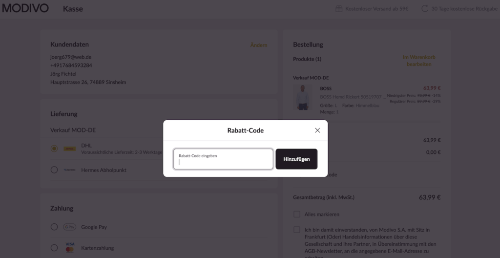 Modivo Rabatt-Code hinzufügen