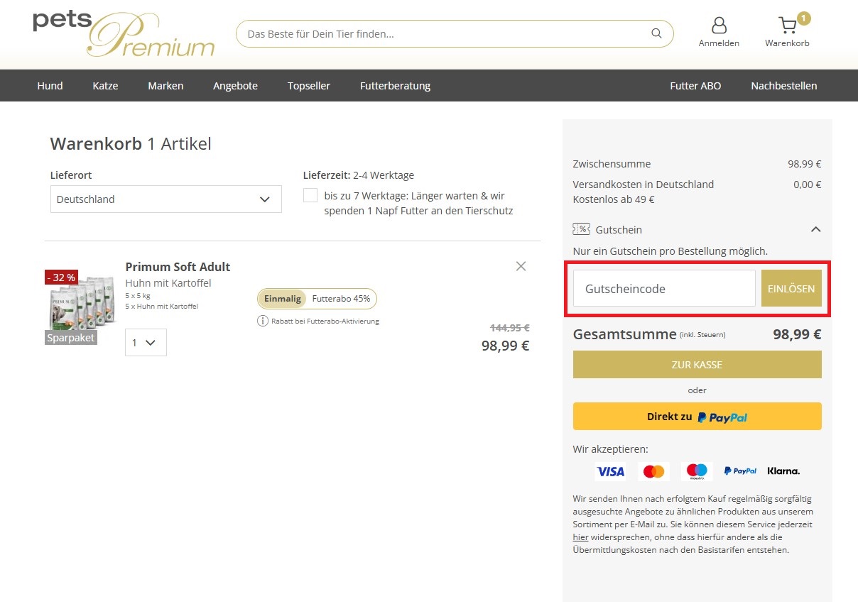 Pets Premium Gutscheincode einloesen