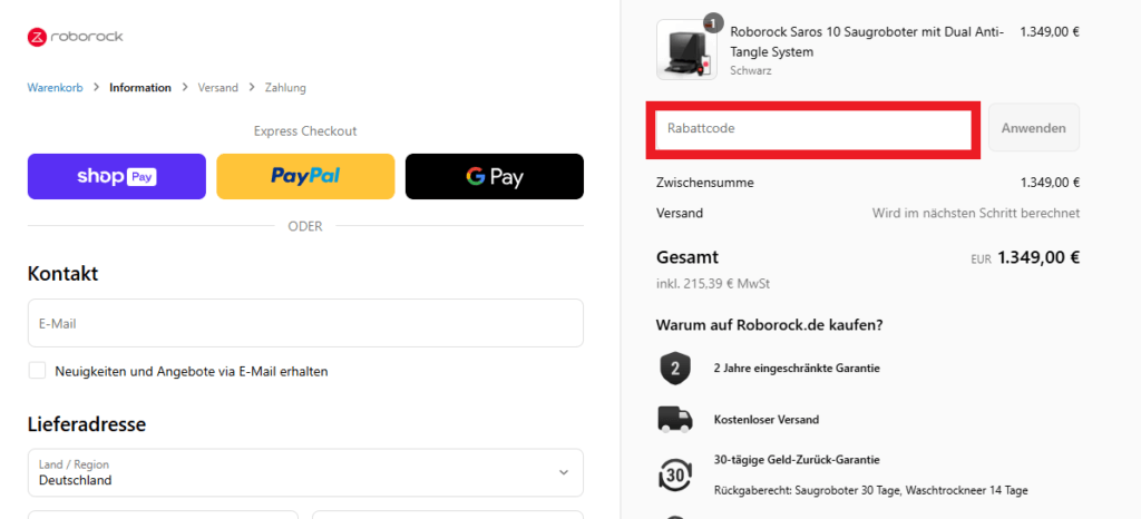 Rabattcode Roborock einlösen