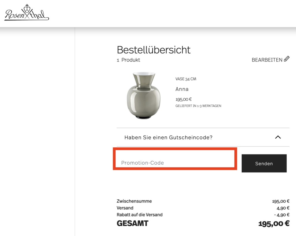 Rosenthal Promotion-Code senden