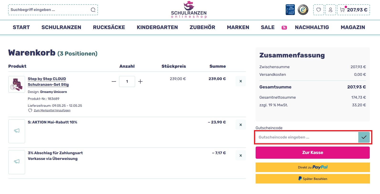 Schulranzen Onlineshop Gutscheincode einloesen